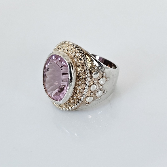 Genuine 9.32 Carat Pink Tourmaline Ring Two Toned Band Sterling Silver Sz 7.5 - Picture 4 of 13